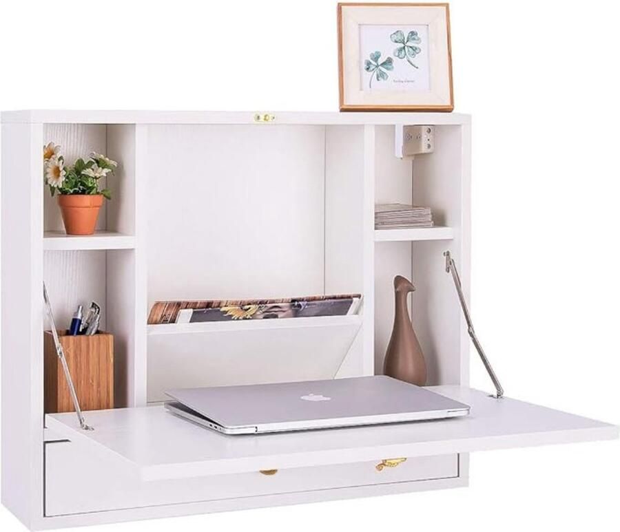 Wandbureau Inklapbaar Wandtafel Inklapbaar Multifunctionele Kast Met Opbergvak en Lade Opklapbaar Bureau Klaptafel Wandmontage – Computerbureau – Wit 60 x 50 5 x 50 cm