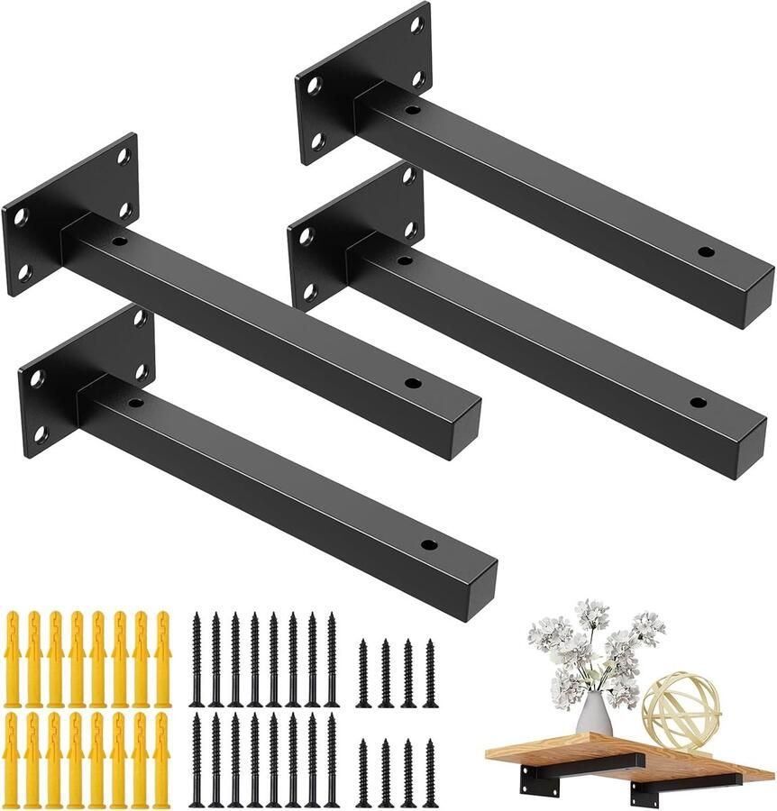 Wanddragers 4 stuks plankondersteuning dragers voor zware last voor wandrek houder zwevende plankdrager voor wandconsole zwart van roestvrij staal 70 kg draagkracht (25 cm)