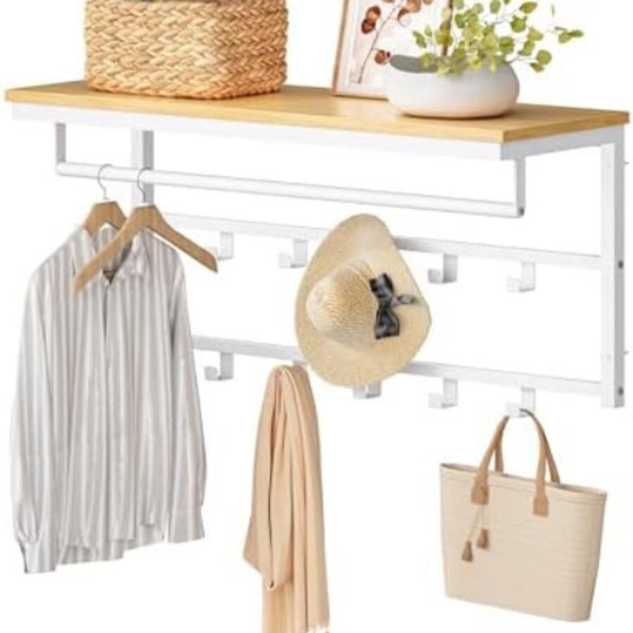 Wandgarderobe – 80 x 30 x 42 cm – Met Legplank 10 Haken & Stang – Wandmontage – Natuurlijke hout kleur wit – Voor Hal Slaapkamer of Badkamer
