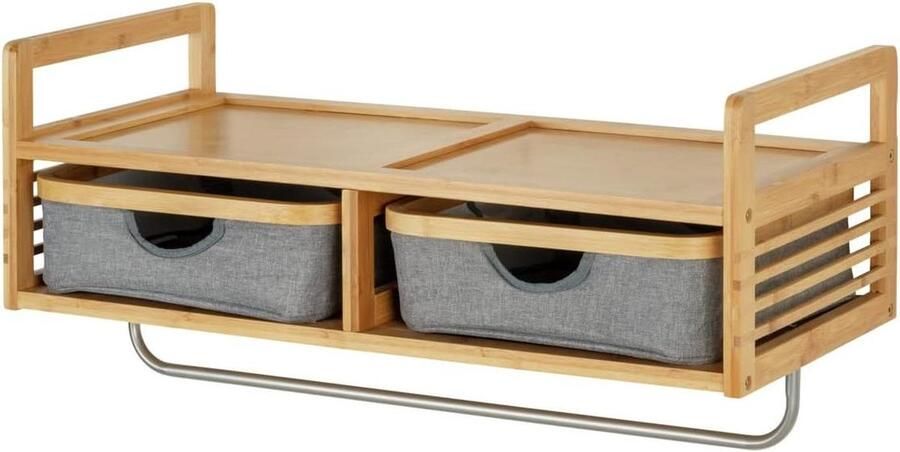 Wandgarderobe Bahari hoogwaardig wandrek van duurzaam bamboe opbergsysteem met laden en kledingstang voor accessoires en kleding 67 x 30 x 30 cm kapstok hangend met plank