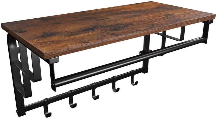 Wandgarderobe Haakplank Opbergrek Wandplank Met 5 afneembare haken en kledingstang Geschikt voor gang badkamer woonkamer en keuken 30 x 66 x 27 cm Bruin + zwart