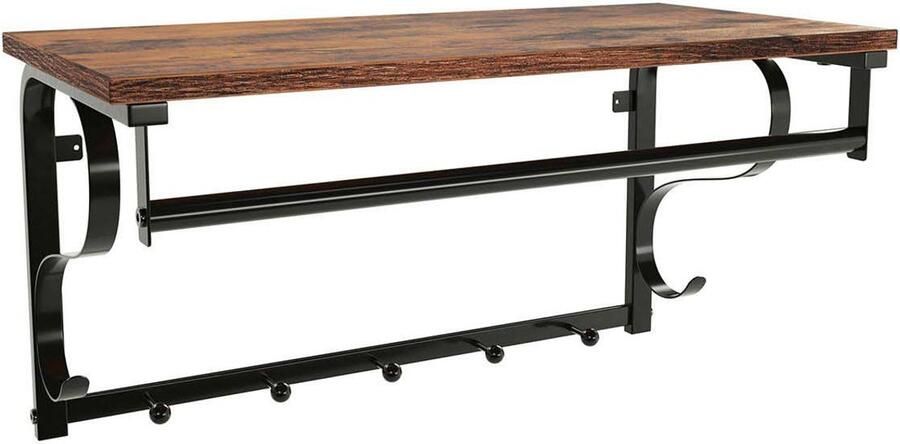 Wandgarderobe Haakplank Opbergrek Wandplank Met 5 haken en kledingstang Geschikt voor gang badkamer woonkamer en keuken 60 x 30 x 31 7 cm Bruin + zwart