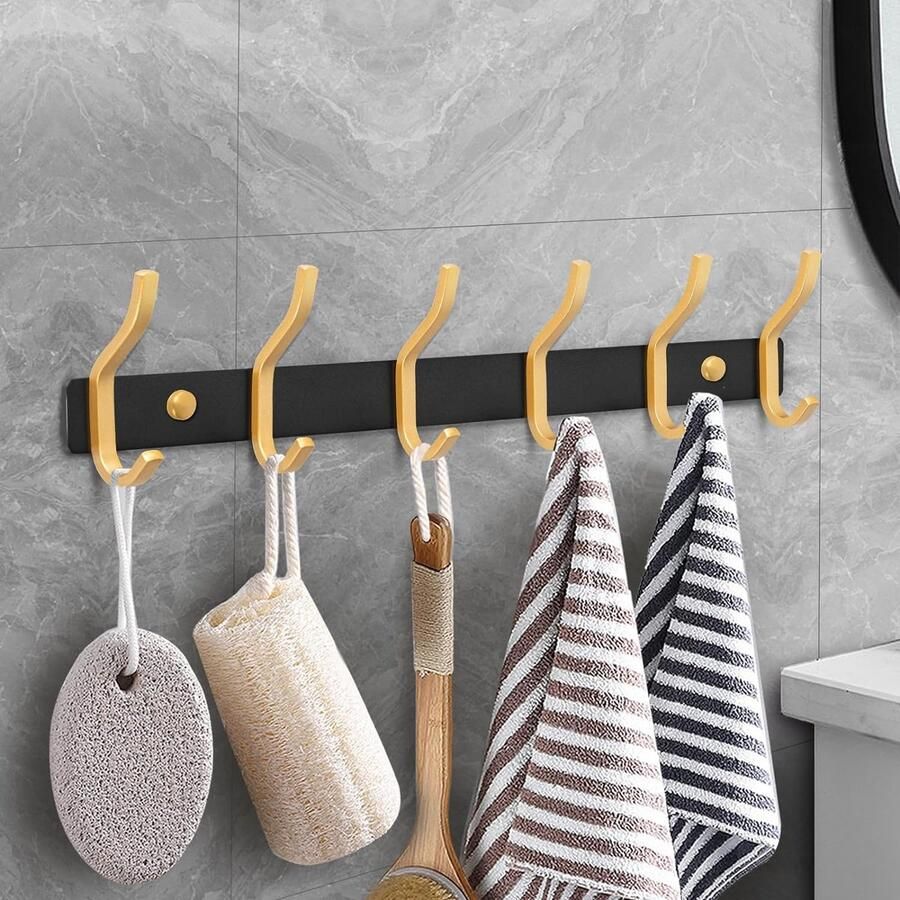 Wandgarderobe met 6 haken kapstokhaken wandhaak voor servetten van roestvrij staal (zwart en goud 6 haken)