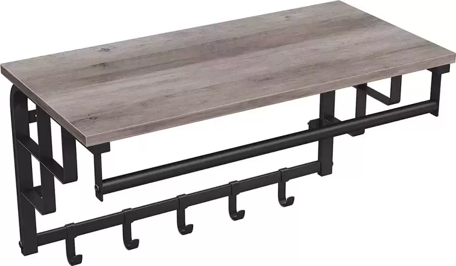 Wandgarderobe met legbord wandplank met 5 uitneembare haken hangplank met hangstang voor hal slaapkamer badkamer en woonkamer grijs-zwart LCR012B02