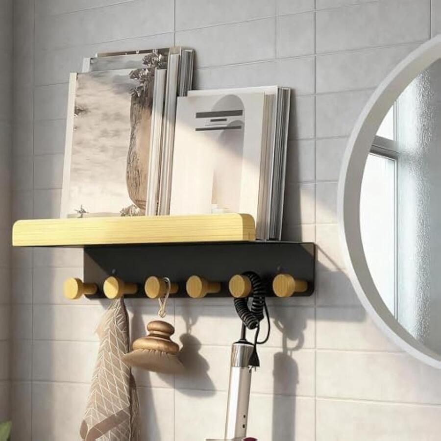 Wandgarderobe met plank 39 cm kapstok met 6 houten haken wandhaken garderobe van hout en metaal haaklijst voor hal slaapkamer badkamer incl. kleefmontage en schroeven