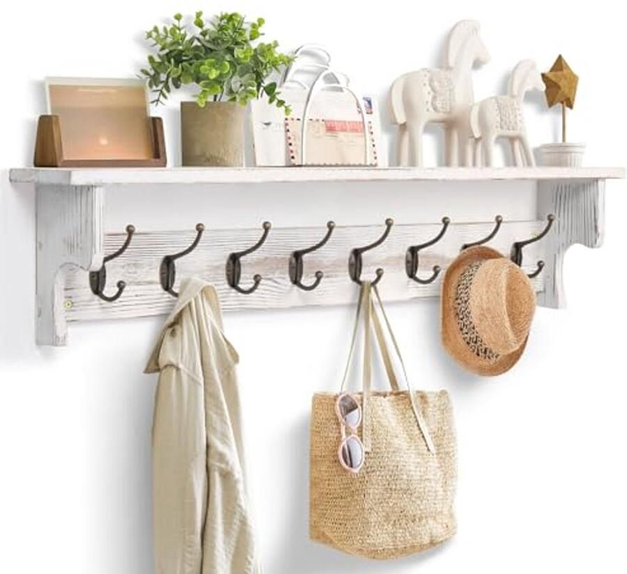 Wandgarderobe met plank massief houten kapstok met 8 kledinghaken en sleutelrek 91 cm