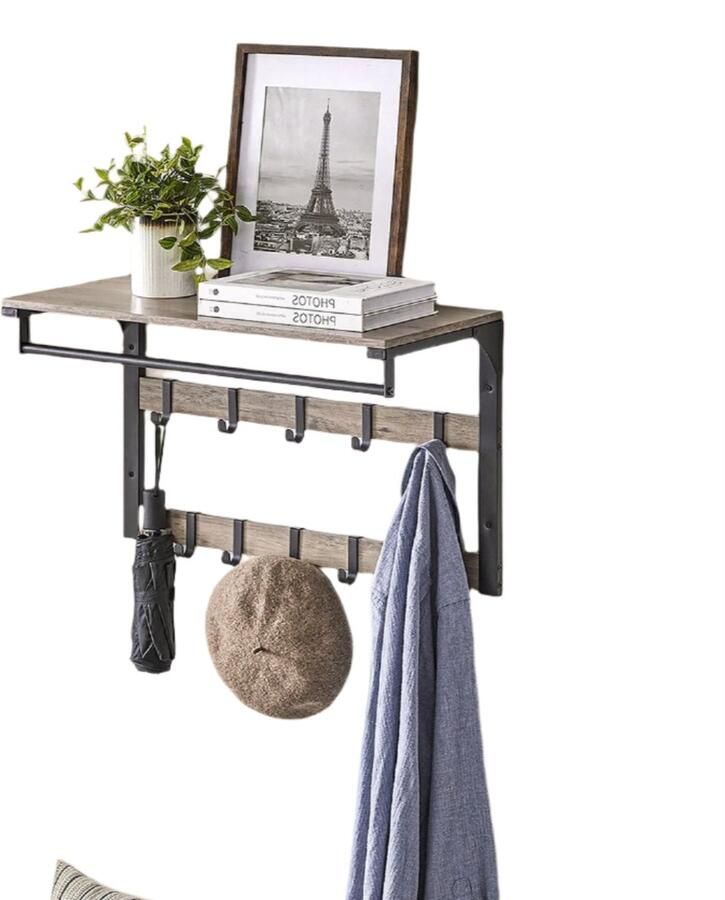 Wandgarderobe met plank Wandplank Koersrek 10 verwijderbare haken Space Saving 30 cm x 65 cm x 42 cm