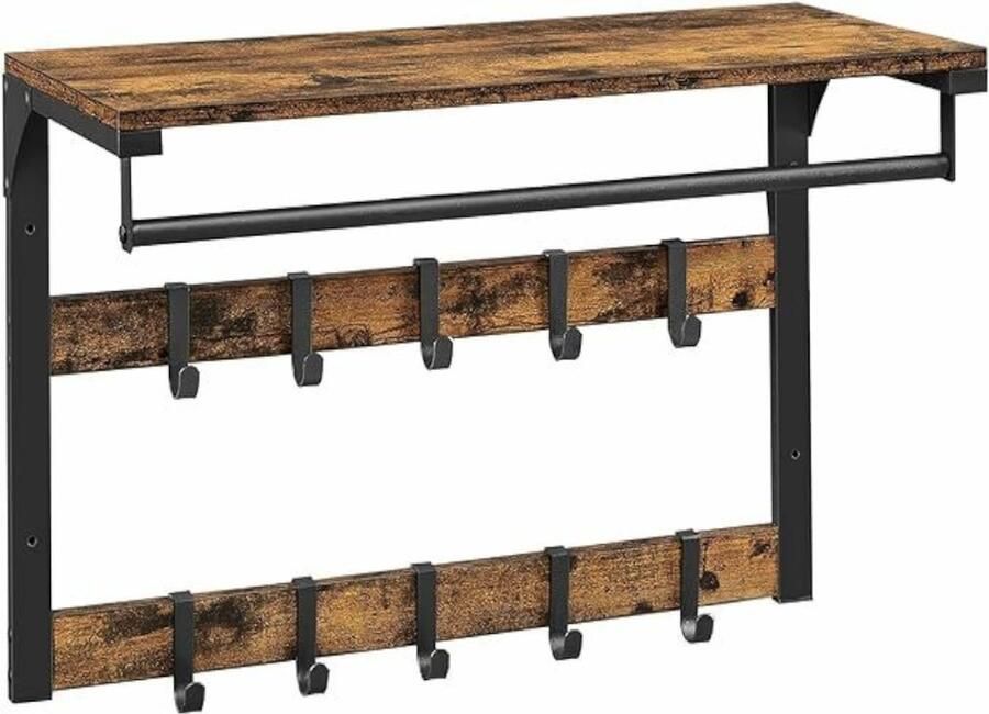 Wandgarderobe met plank wandrek met 10 afneembare haken hangrek wandmontage 2 garderobelijsten kledingstang voor hal slaapkamer badkamer vintage bruin-zwart