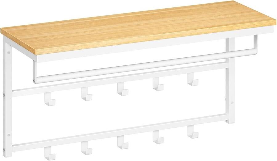 Wandgarderobe met plank en 10 haken – Wandrek met stang – 80×30×42 cm – Wit en naturel hout – EWN12YM01