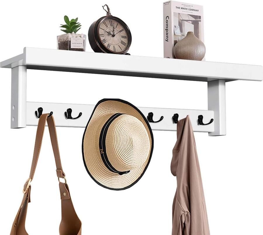 Wandgarderobe met plank wandrek met 7 haken hangrek van rubberhout garderobestand 80 x 16 x 18 cm voor hal slaapkamer badkamer woonkamer (wit)