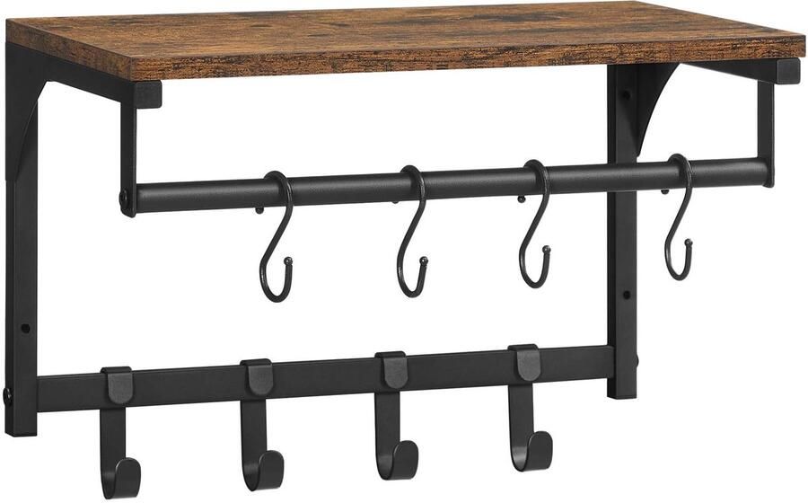 Wandgarderobe Opbergrek Wandplank Met 8 afneembare haken kledingstang en 1 opbergplank Geschikt voor gang slaapkamer en keuken 40 x 24 x 24 cm Bruin + zwart
