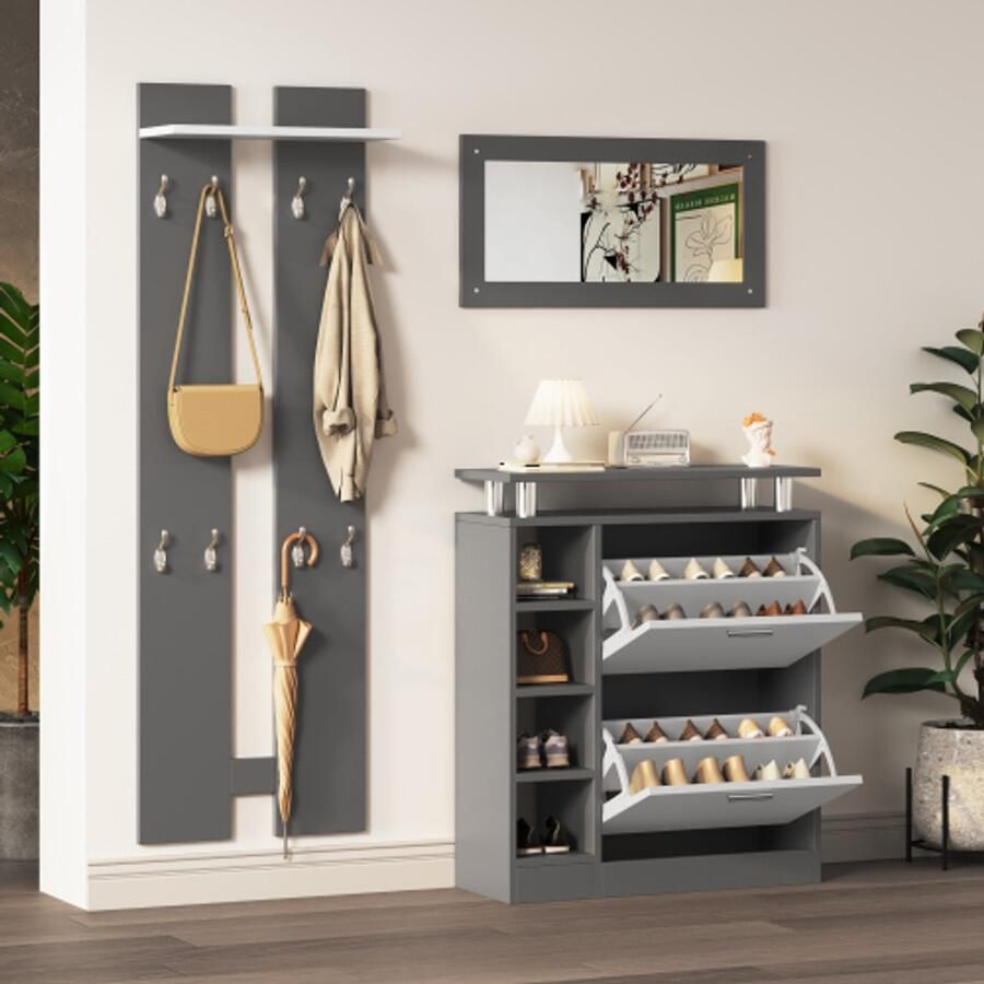 Wandgarderobe Set 80 x 25 x 96 5 cm inclusief spiegel 2 wandpanelen een plankwand en een schoenkast body antraciet grijze mat gangmeubels velddroogstand bloemparadijs schoenwisselaar set