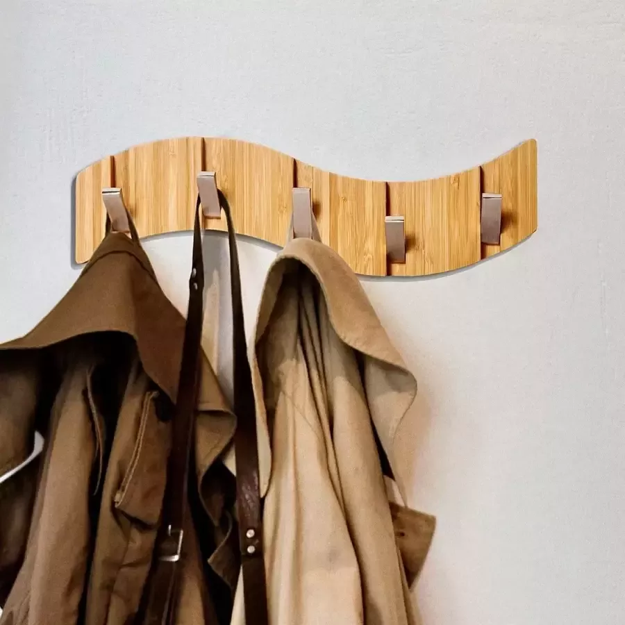 Wandgarderobe van hout – haaklijst garderobehaken met 5 uitklapbare metalen haken voor mantels jassen hoeden tassen hal slaapkamer badkamer 40 cm