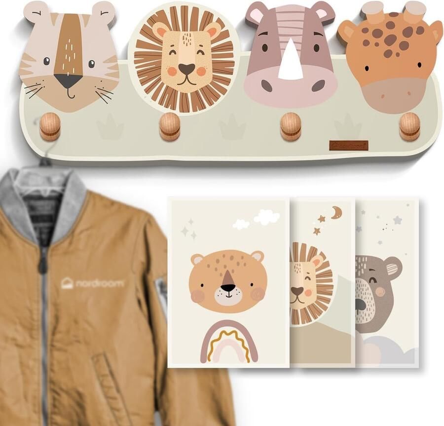 Wandgarderobe voor Kinderen met Diermotieven Houten Kapstok met 4 Haken voor Kinderkamer Kledinghaken van Beukenhout Afmetingen 39 x 15 x 5 cm