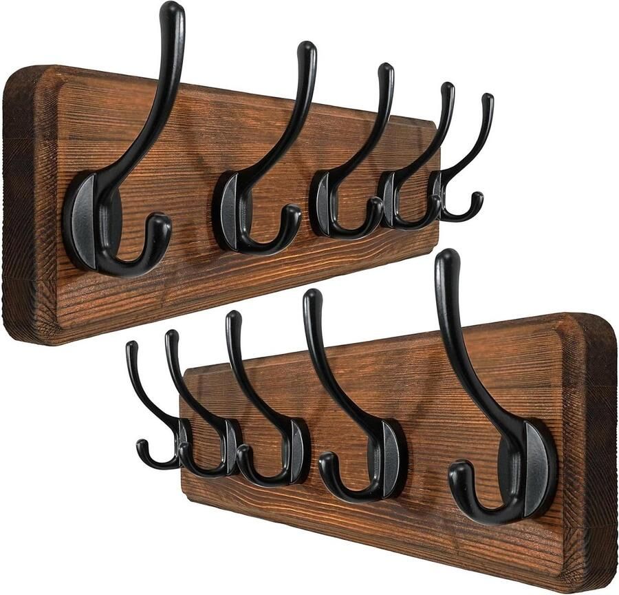 Wandgarderobe Wandhaken Massief Hout Kapstok Badkamer 5 Haken voor Jassen Bruin Set van 2
