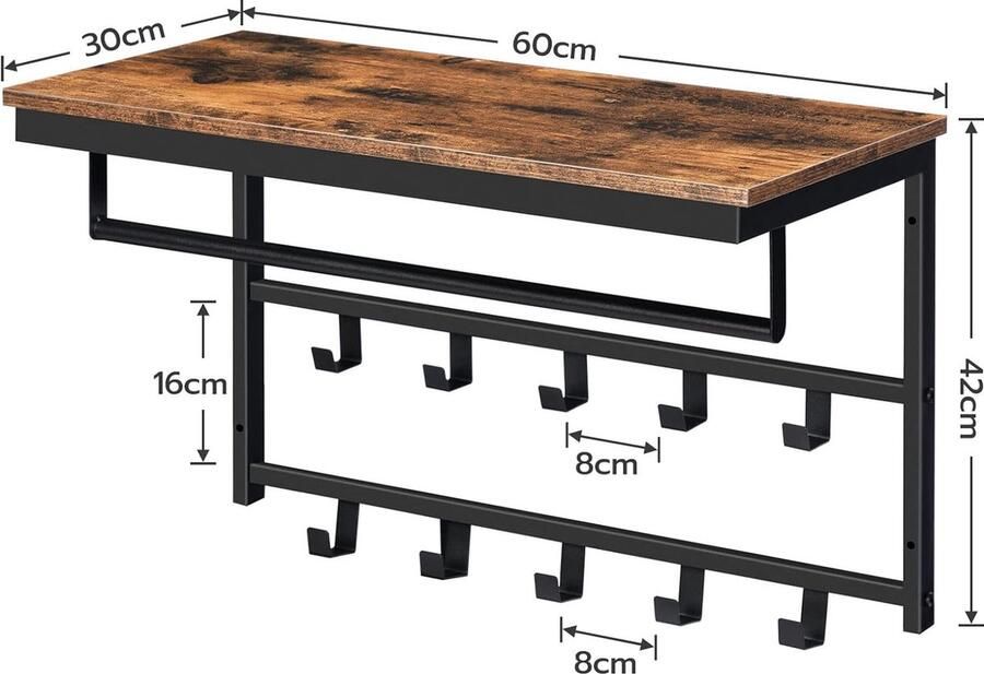 Wandgarderobe wandkast met legbord wandrek met 10 haken en stangen hoedenplank hangrek 60 x 30 x 42 cm voor hal woonkamer slaapkamer industriële stijl vintage bruin-zwart