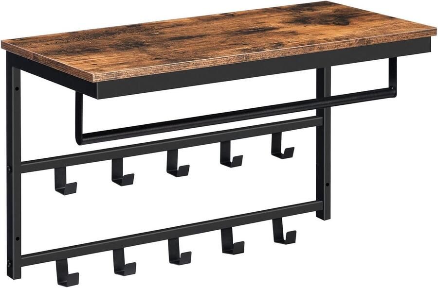 Wandgarderobe Wandkast met Legbord Wandrek met 10 Haken en Stangen Hoedenplank Hangrek 60 x 30 x 42 cm voor Hal Woonkamer Slaapkamer Industriële Stijl Vintage Bruin-Zwart **Moderne Wandgarderobe Wandkast met Plank 10 Haken en Stangen Hoe