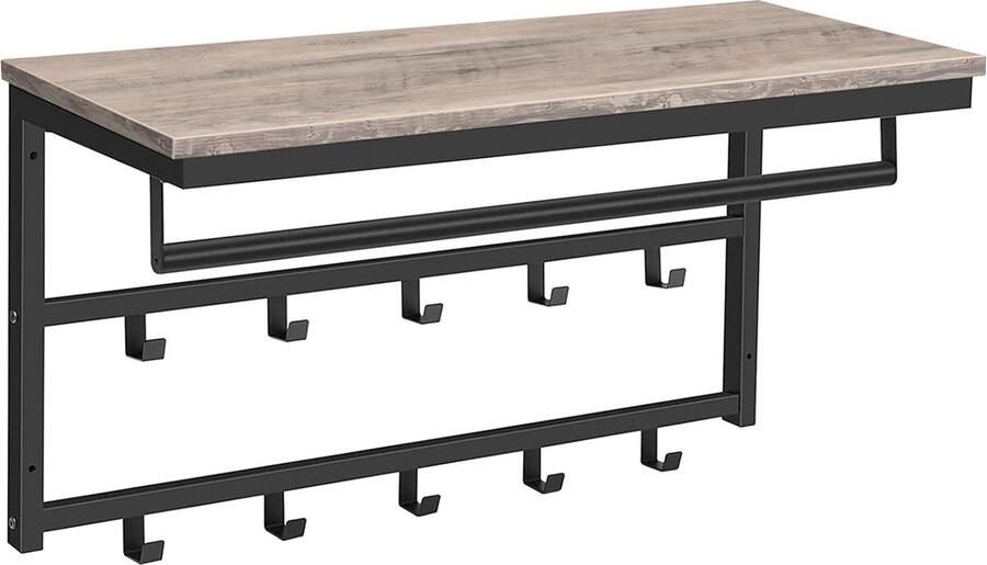 Wandgarderobe wandkast met legbord wandrek met 10 haken en stangen hoedenplank hangrek 80 x 30 x 42 cm voor hal woonkamer slaapkamer industriële stijl greige-zwart