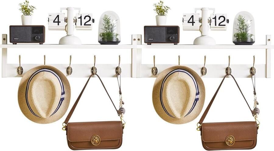 Retadou Wandgarderobe wandrek hangrek met 10 haken en hangstang set van 2 stabiel voor hal slaapkamer en woonkamer wit