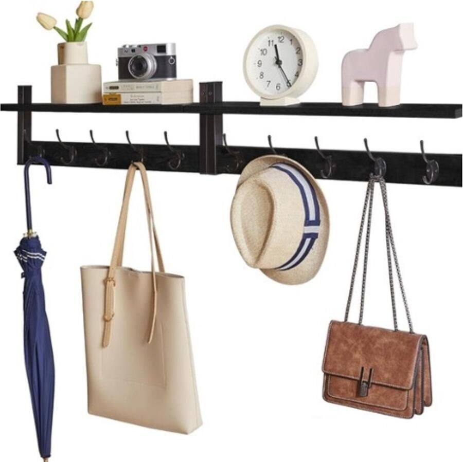 Retadou Wandgarderobe wandrek hangrek met 10 haken en hangstang set van 2 stabiel voor hal slaapkamer en woonkamer zwart