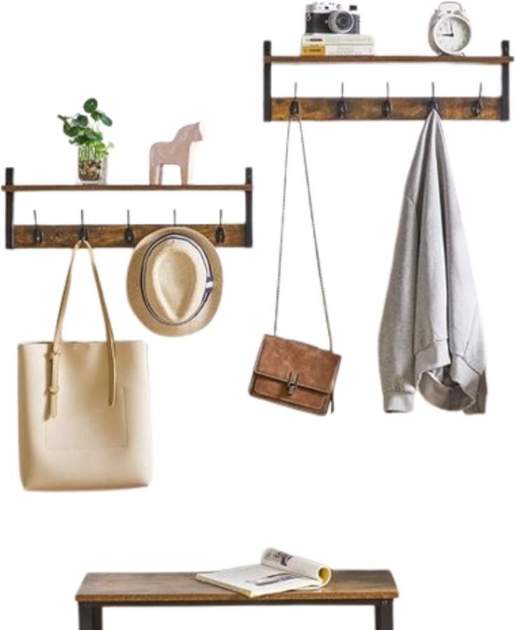 Retadou Wandgarderobe wandrek hangrek met 10 haken en hangstang set van 2 stabiel voor hal slaapkamer en woonkamer vintage