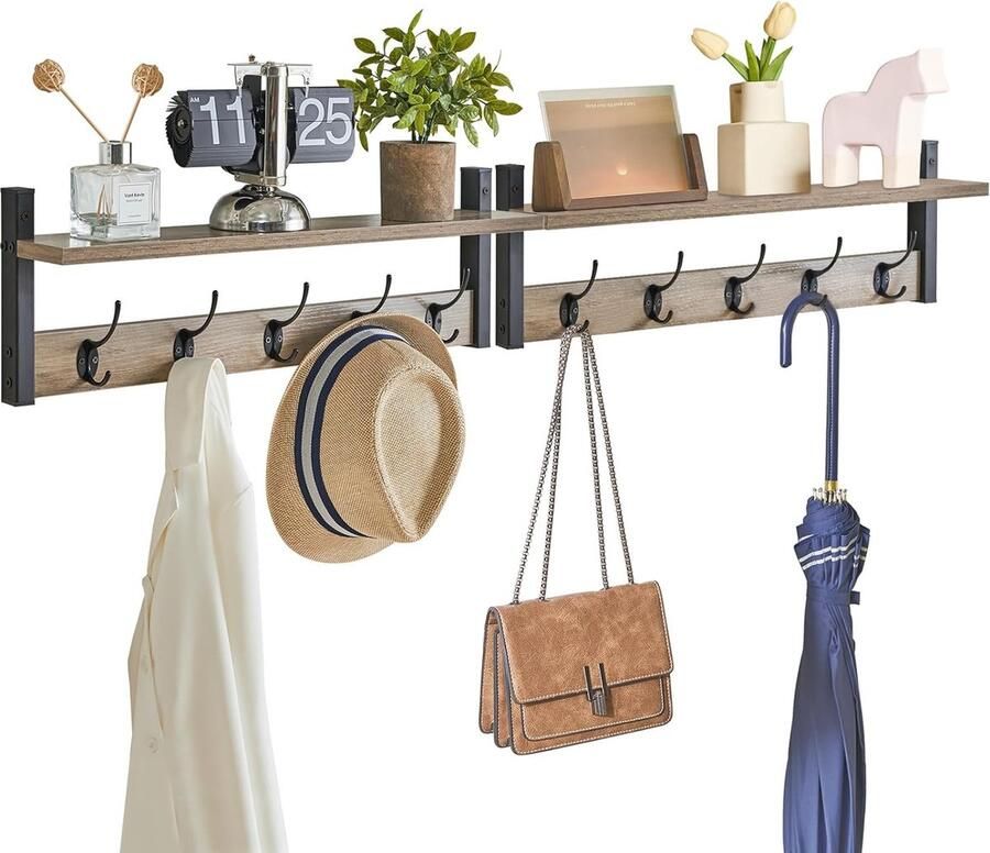 Wandgarderobe wandrek hangrek met 10 haken en ophangstang set van 2 stabiel voor hal slaapkamer en woonkamer zilvergrijs