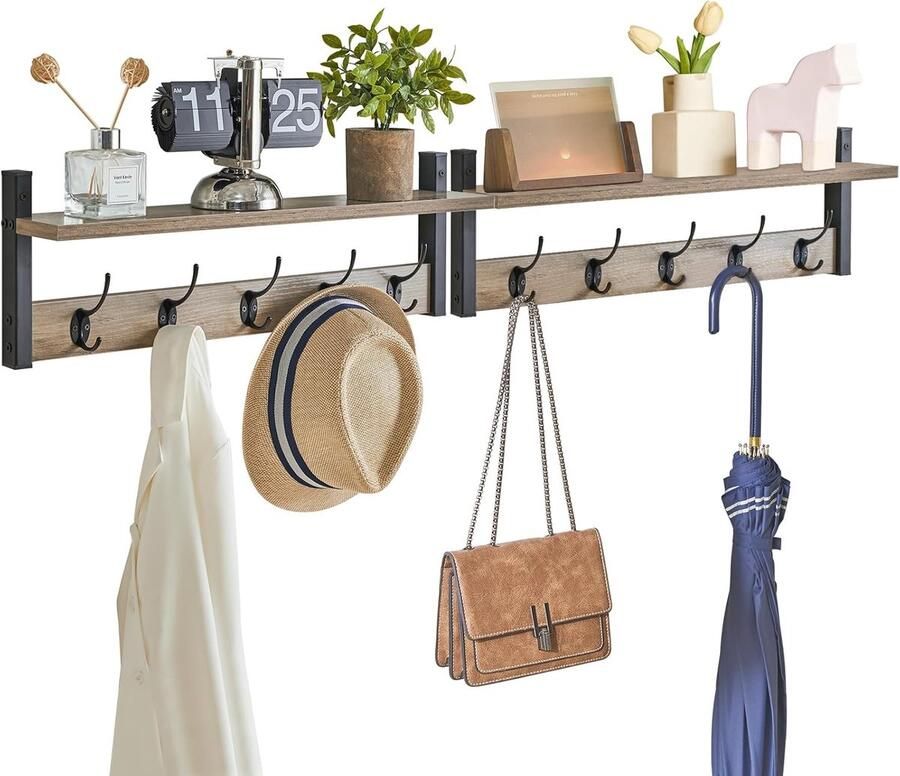Retadou Wandgarderobe wandrek hangrek met 10 haken en ophangstang set van 2 stabiel voor hal slaapkamer en woonkamer zilvergrijs