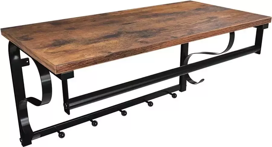 Wandgarderobe wandrek met 5 haken en plank in industrieel design haaklijst met hangstang voor hal slaapkamer badkamer en woonkamer vintage bruin-zwart LCR11BX