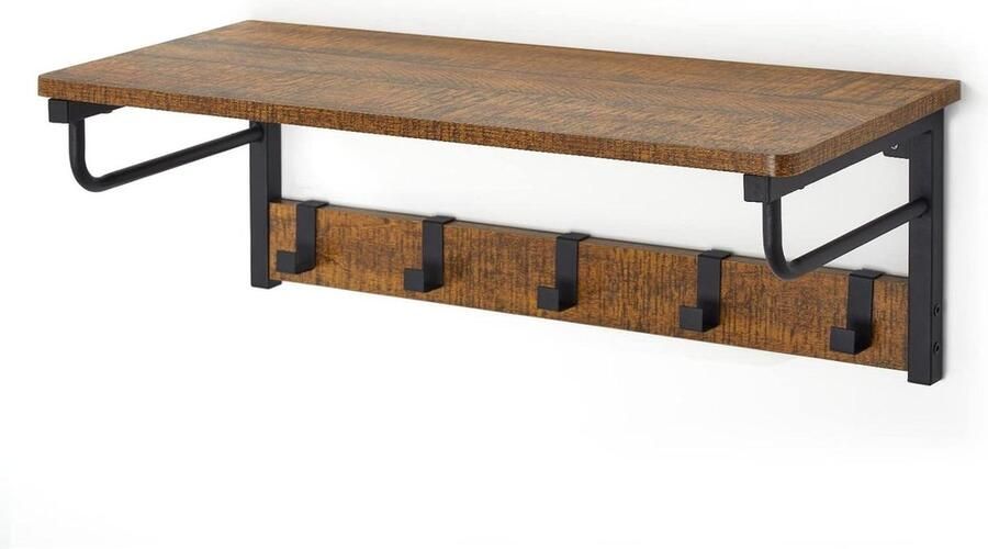 Wandgarderobe wandrek met 5 haken plank en 2 hangstangen industriële stijl voor entree hal badkamer woonkamer 67 x 28 x 24 cm vintage zwart Meerveil toegevoegd