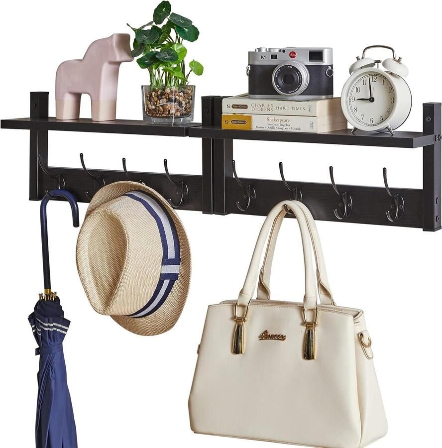 Wandgarderobes met plank set van 2 wandrekken in Ã©Ã©n pakket garderobehaken met 8 dubbele haken 80 cm voor hoeden kleding decoratie in de ingang hal keuken slaapkamer zwart
