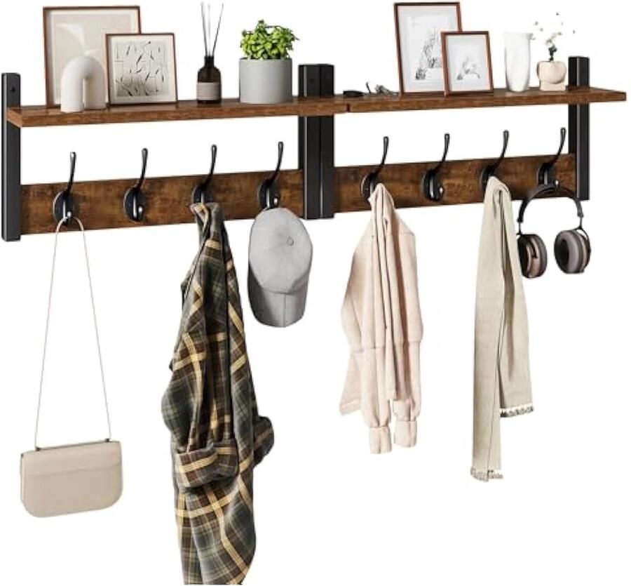 Wandgarderobes met plank set van 2 wandrekken in één pakket garderobehaken met 8 dubbele haken 80 cm voor hoeden kleding decoratie in de ingang hal keuken slaapkamer bruin