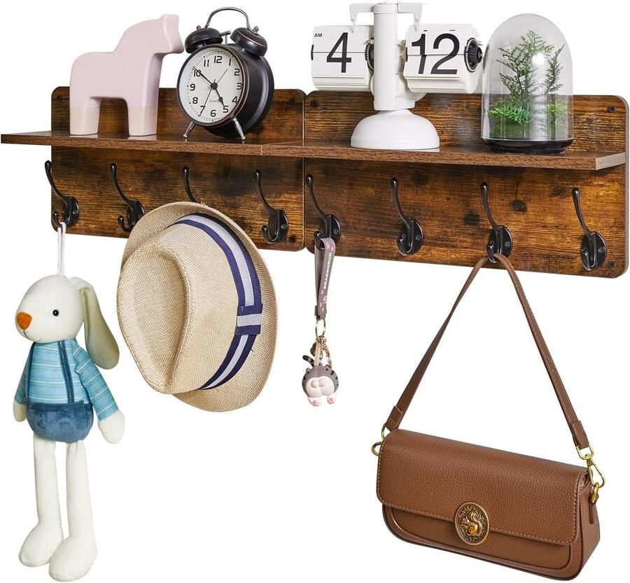 Wandgarderobes met plank set van 2 wandrekken in één pakket garderobehaken met 8 dubbele haken hout voor mantels jassen hoeden tassen voor entree slaapkamer rustiek bruin