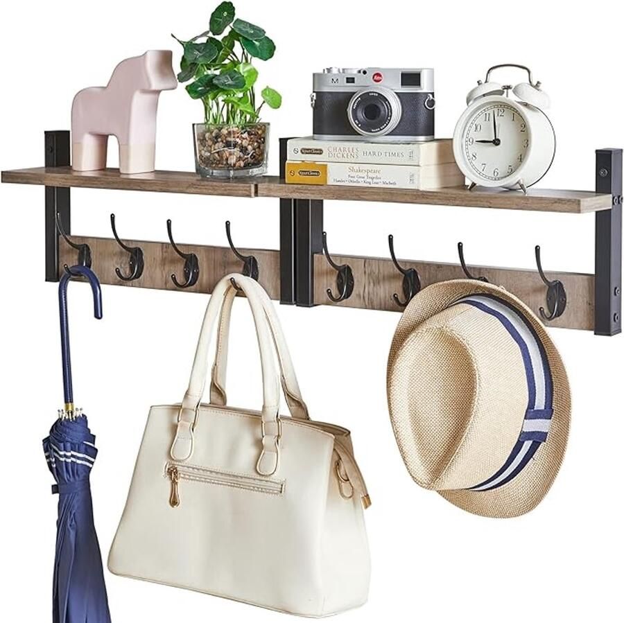 Wandgarderobes met plank set van 2 wandrekken in één pakket garderobehaken met 8 dubbele haken 80 cm voor hoeden kleding decoratie in de ingang hal keuken slaapkamer grijs HWS001Y-2