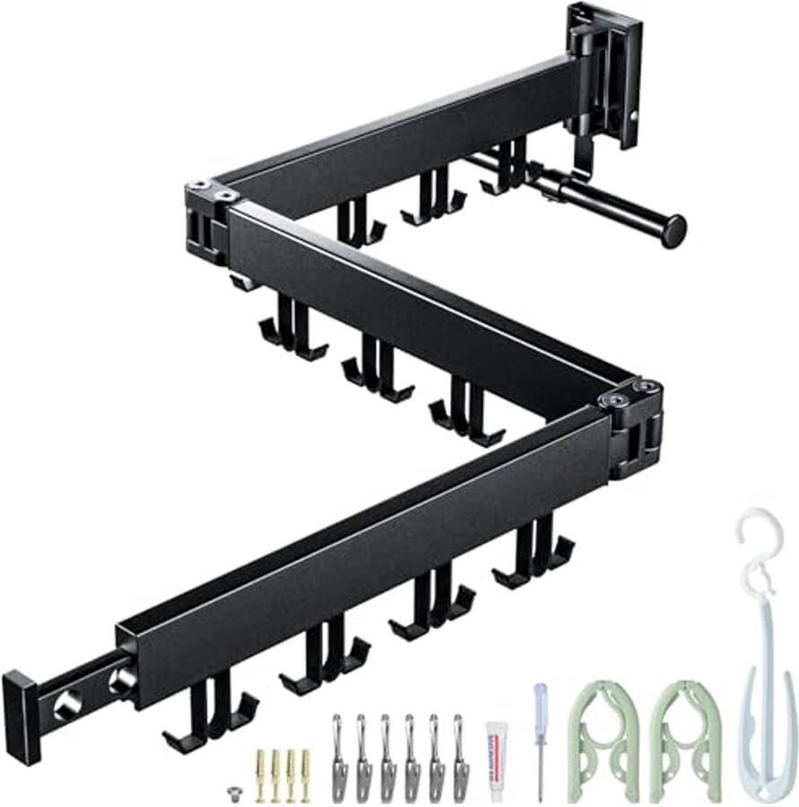 Wandgemonteerd kledingrek 120 cm met intrekbare handdoekhouder en 24 haken voor balkon en badkamer