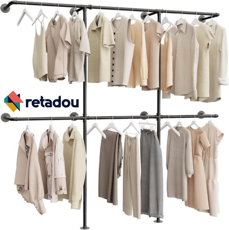 Retadou Kleiderstange Wandmontage 300 kg Traglast Offener Kleiderschrank oder Kleiderständer industrial gold aus Metall Wasserrohren Drei Spalten 180x180cm