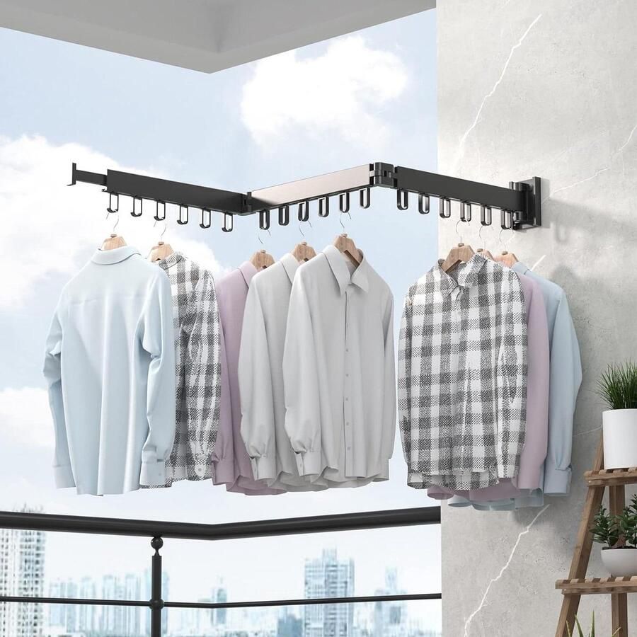 Wandgemonteerd kledingrek inschuifbaar met 18 haken ruimtebesparend inklapbaar wasrek voor balkon wasruimte (3 opvouwbare rekken) zwart Opvouwbare kledingrek