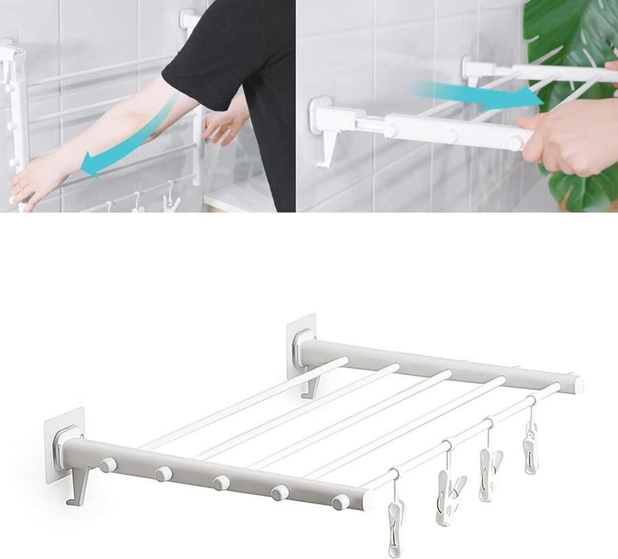 Wandgemonteerd Uittrekbaar Droogrek Voor Kleding Ponsvrij Opvouwbaar Wasrek Balkon Droogrek Luchtrooster Clips Plastic Drogenrek Opvouwbare kledingrek
