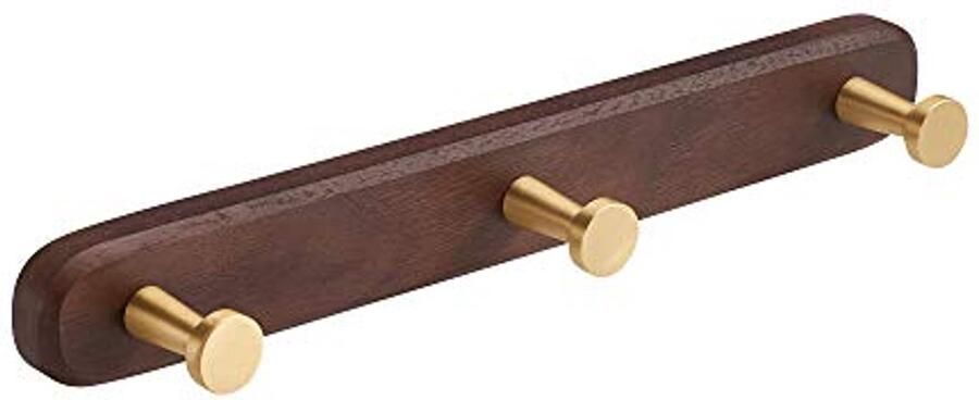 Wandgemonteerde 3-haaks Kapstok met Walnoot Houten Basis en Gouden Zinklegering