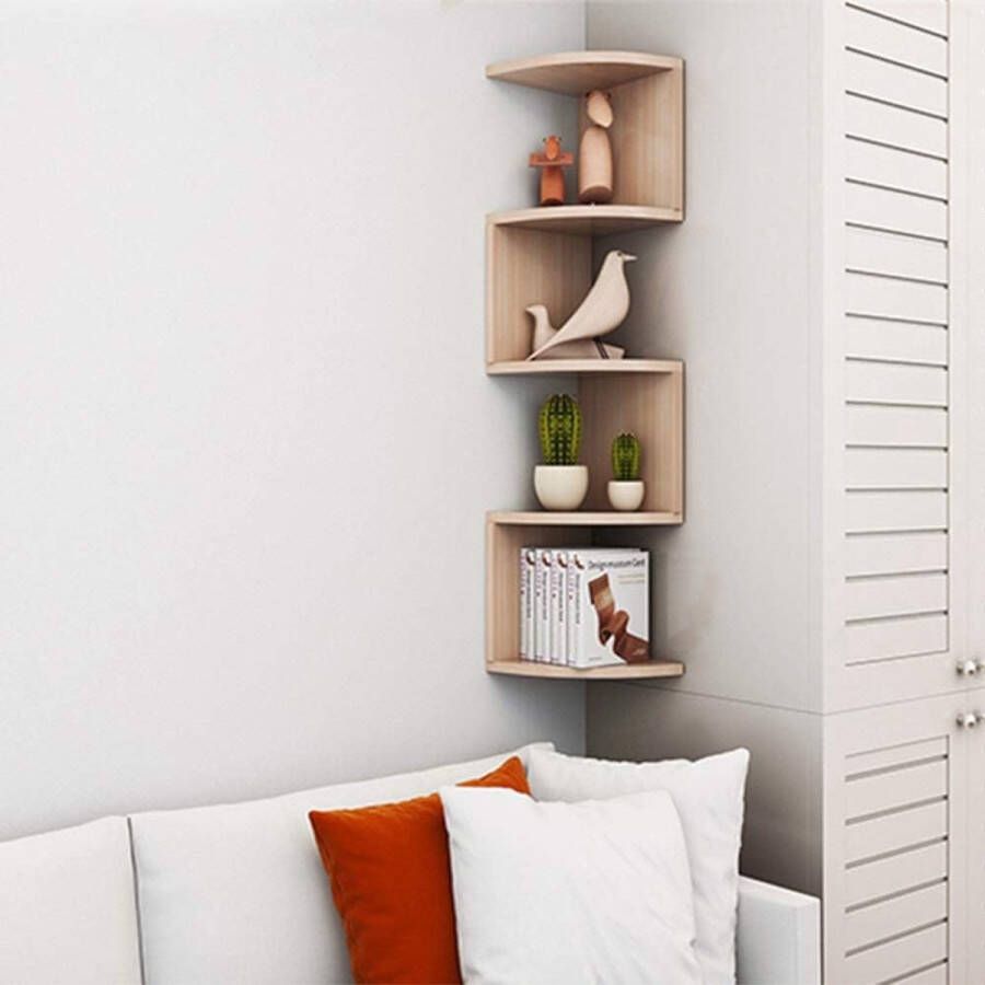 Wandgemonteerde hoekplanken 5-laags rechthoek klassieke radiale hoekwandplank voor boekenkastplank opslag (kleur: hout)