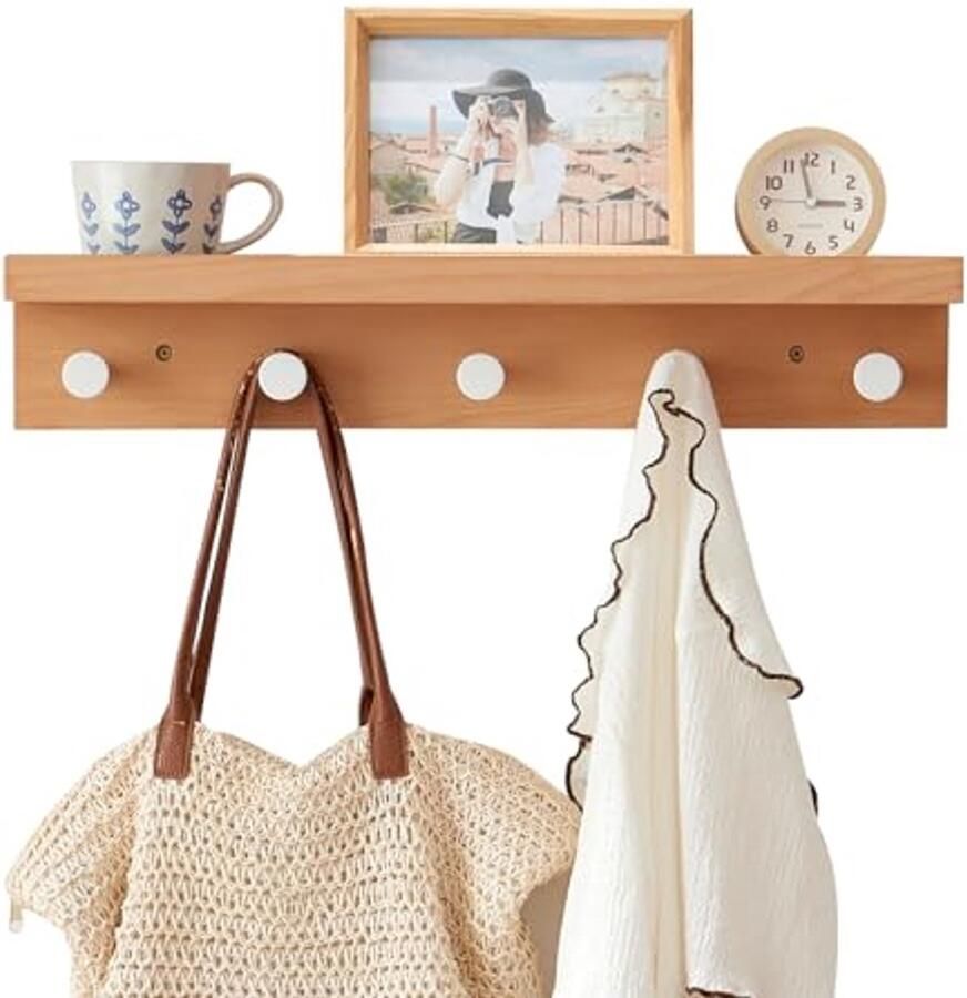 Wandgemonteerde Houten Kapstok met Haakjes voor Jassen Sjaals en Handtassen Drijvend Hoedenrek voor Entree Woonkamer Slaapkamer en Kantoor (61 1 cm)