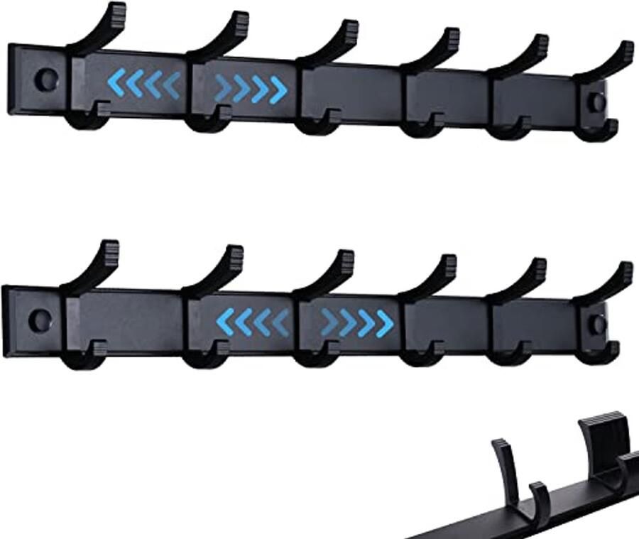 Wandgemonteerde kapstok met 6 schuifhaken Zwarte kleerhanger voor entree badkamer keuken 42 cm 2 stuks