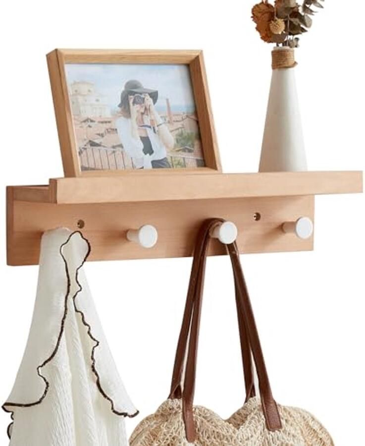 Wandgemonteerde kapstok met houten haken voor jassen sjaals en handtassen Drijvend hoedenrek voor entree woonkamer en kantoor (48 5 cm)