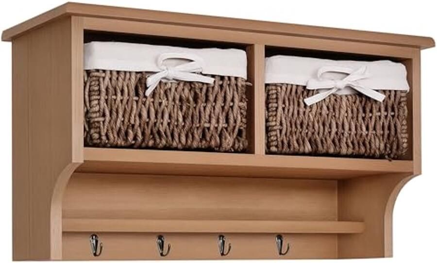 Wandgemonteerde Kapstok met Opbergplanken en Rieten Manden