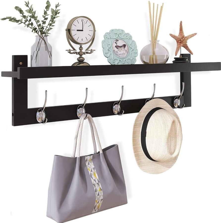 Wandgemonteerde Kapstok met Plank – 74 cm Bamboe Hangende Plank met 5 Dubbele Metalen Haken Geschikt voor Badkamer Slaapkamer Keuken Woonkamer en Mudroom (Zwart en Zilver)