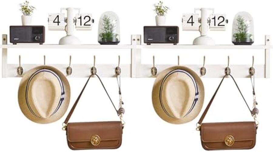 Wandgemonteerde Kapstok met Plank Set van 2 10 Haakjes voor Jassen Handtassen en Sleutels Ideaal voor Hal Keuken en Slaapkamer