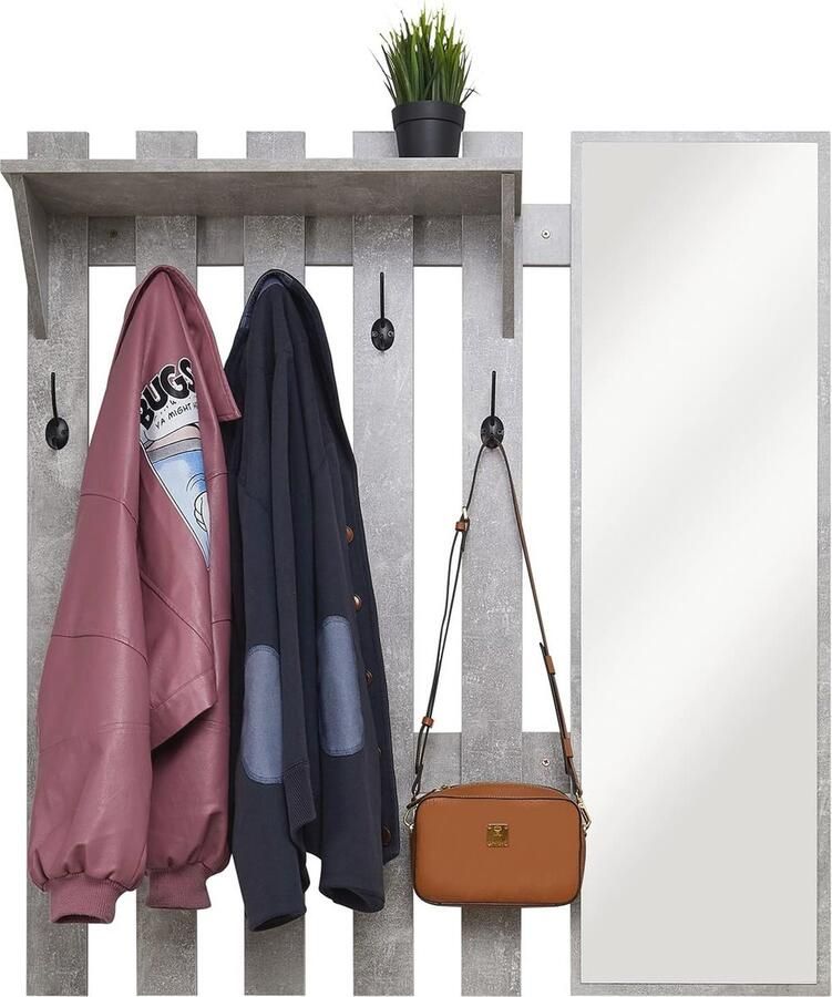Wandgemonteerde kapstok met spiegel en opbergplank Industriële stijl voor hal (100x22x106 cm)