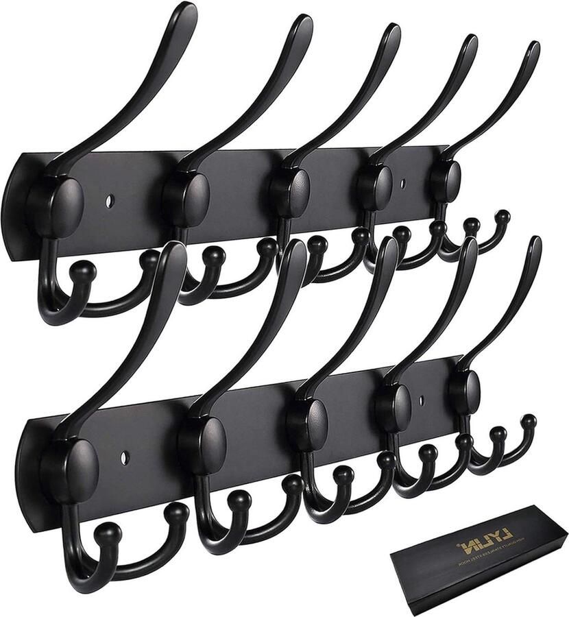 Wandgemonteerde Kapstok Roestvrijstaal 15 Haken Ca.15 kg Belastbaar Zwart 2 stuks