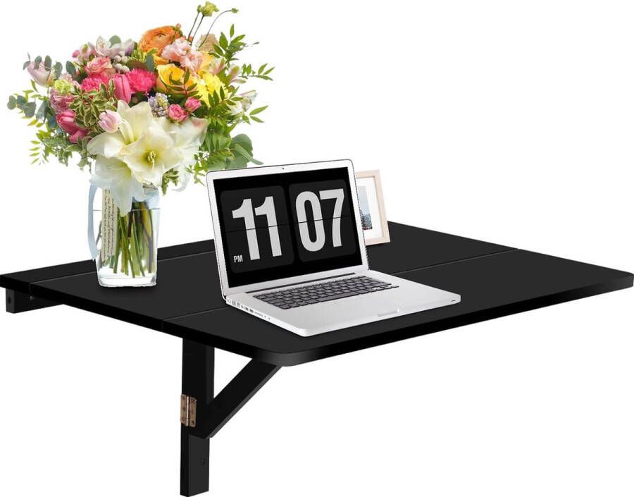 Wandgemonteerde klaptafel 80 cm x 60 cm inklapbare wandtafel van grenenhouten poten ruimtebesparende wandklaptafel voor keuken slaapkamer eetkamer werkkamer tot 40 kg belastbaar (zwart)
