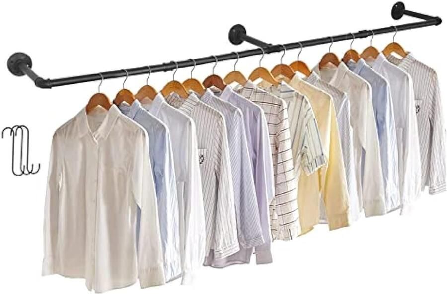 Wandgemonteerde kledingrail: industriële pijpkleding hangstang Heavy Duty kledingrek Metalen doek displayhanger paal lengte verstelbare kledingstang voor thuis retail display kastopslag zwart