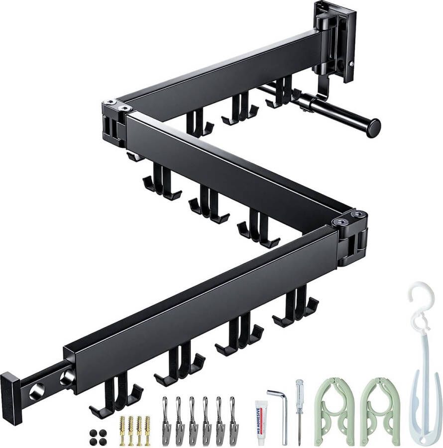Wandgemonteerde kledingrek 120 cm inklapbaar met 24 haken en handdoekhouder voor balkon wasgoed badkamer slaapkamer